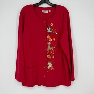 Quacker Factory Red Embroidered Owl Fox Deer Cardigan Sweater XL Woodland